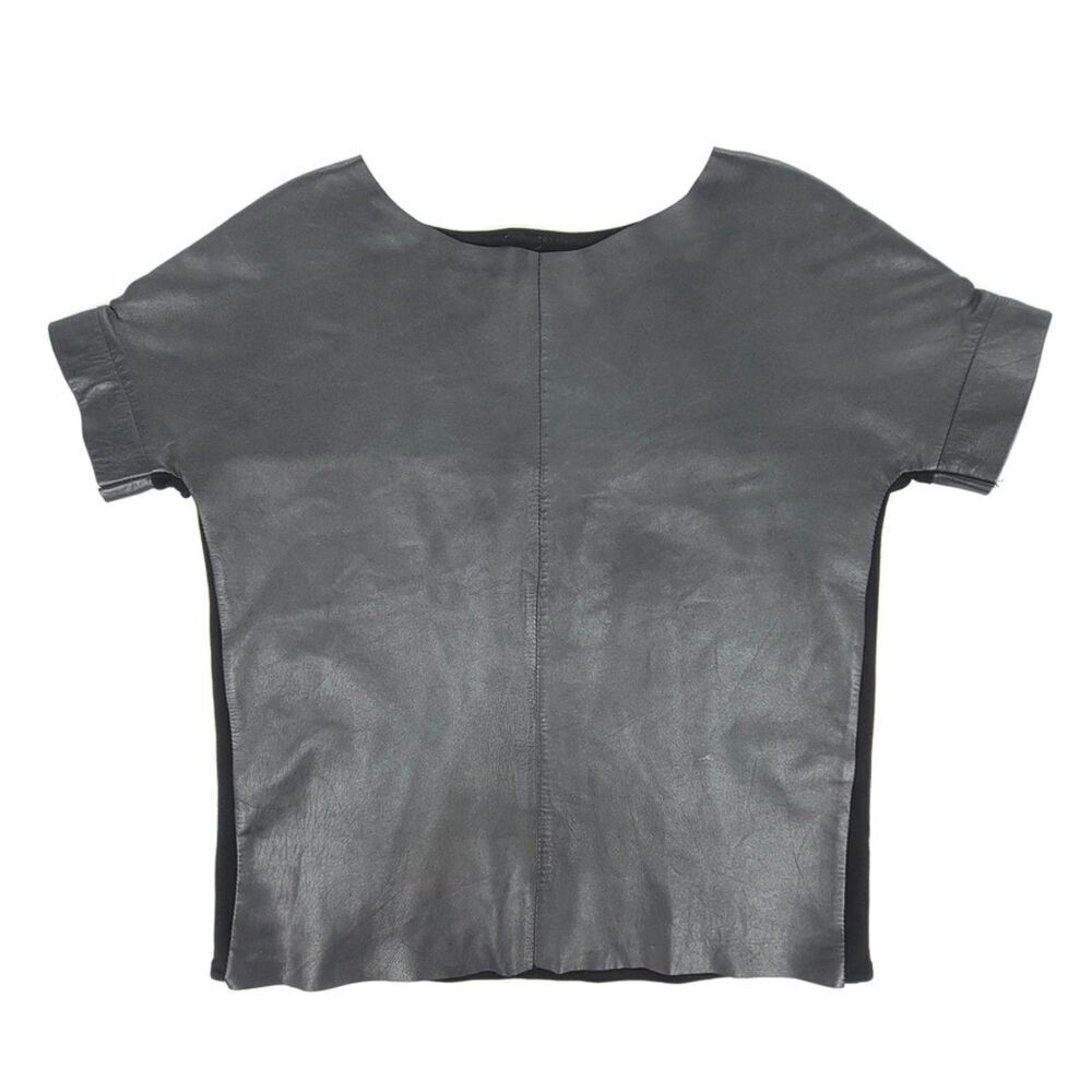 MAJE 100% Lamb Leather Short Sleeve Boxy Shirt Quiet Luxury Minimal Black Medium